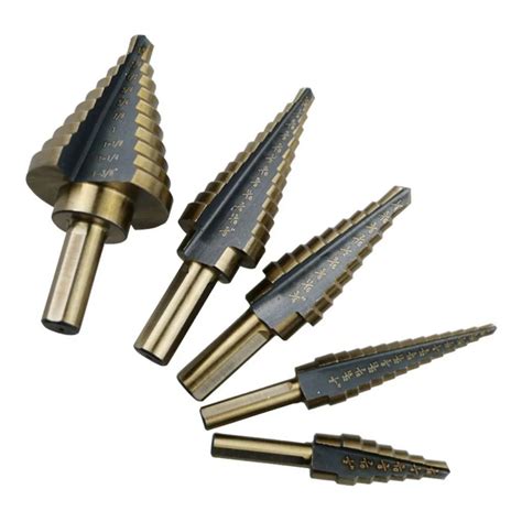 5Pcs Titanium Step Drill Bits Set High Speed Steel With Aluminum Case Triangular Round Handle ...