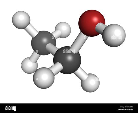 Ethanol (alcohol) molecule, chemical structure. Atoms are represented as spheres with ...