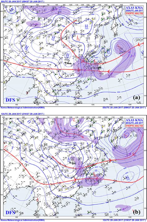 Surface weather charts of east asia regions for the two cases of ...