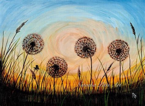 Dandelion Sunset Painting Dandelion clocks art Sunset wall | Etsy