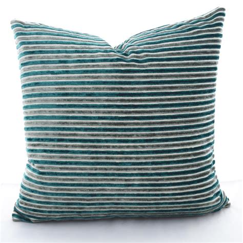 Turquoise & Grey Stripes Velvet Square Pillow Covers - a Pair | Chairish