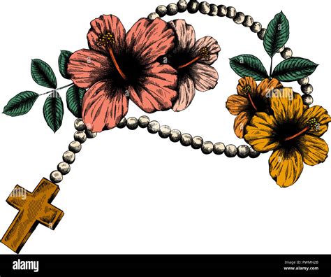 Holy rosary beads illustration. Prayer Catholic chaplet with a cross ...