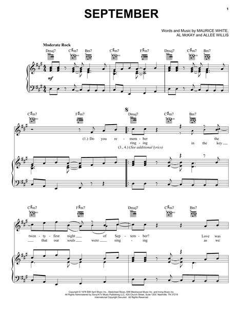 September by Earth, Wind & Fire Sheet Music for Piano, Vocal & Guitar Chords (Right-Hand Melody ...