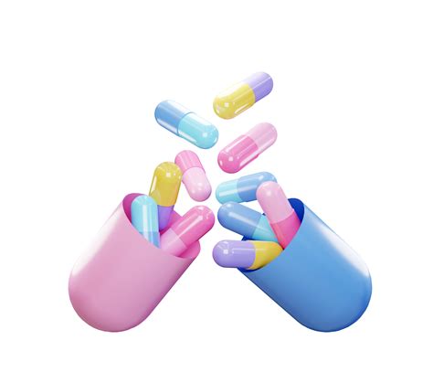 Pastel color Medicine Pills. Pills flying up out of tablet capsule. 3D Rendering. Pharmacy ...