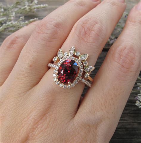 Oval Garnet Halo Bridal 2 Ring Set- Rose Gold Garnet Diamond Engagement Set of 2 Ring- Genuine ...