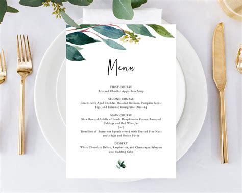 Greenery Wedding Menu Template, Printable Wedding Dinner Menu, DIY Gre | paperandthings