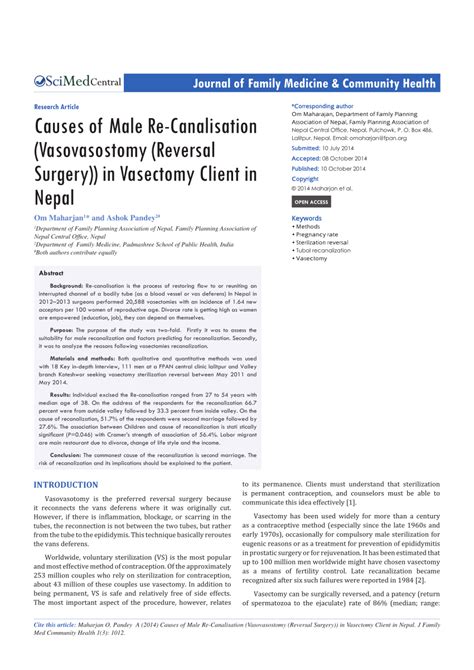 (PDF) Causes of Male Re-Canalisation (Vasovasostomy (Reversal Surgery)) in Vasectomy Client in Nepal