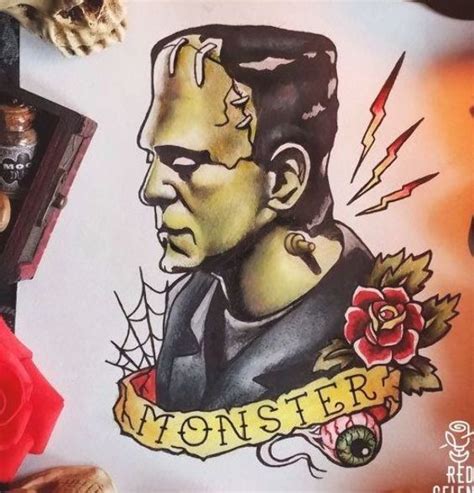 Poster Print Frankenstein Tattoo Flash | Frankenstein tattoo, Halloween tattoos, Tattoo flash art