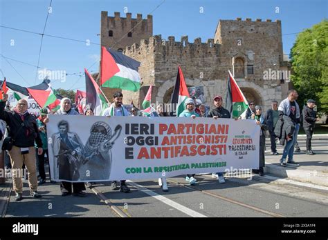 April 25, 2024, Rome, Italy: In the background Porta San Paolo, one of ...