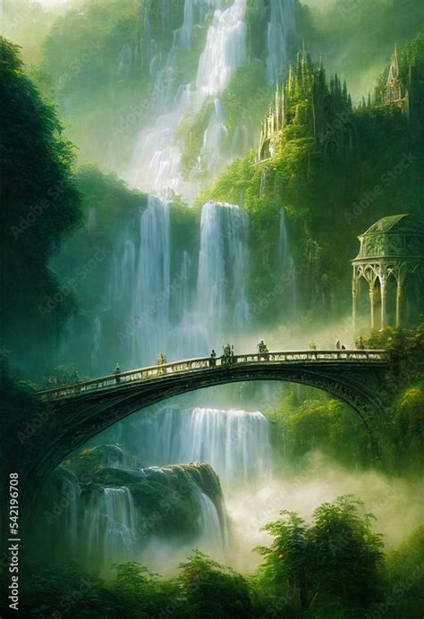 concept art illustration of rivendell town from lord of the rings Stock Illustration | Adobe Stock