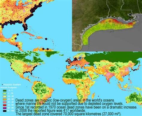 Ocean pollution. Sea "dead zones", oxygen-deprived, fishless: 1st recorded in 1970, 417 in 2008 ...