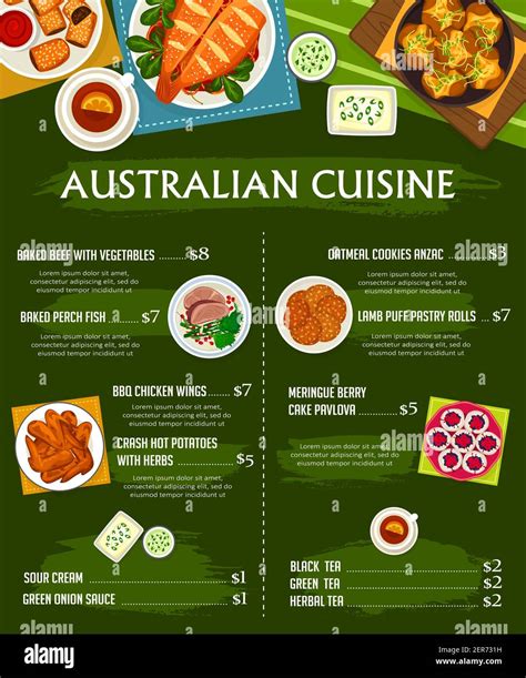 Australian cuisine vector menu template bbq chicken wings, sour cream and green onion sauce ...