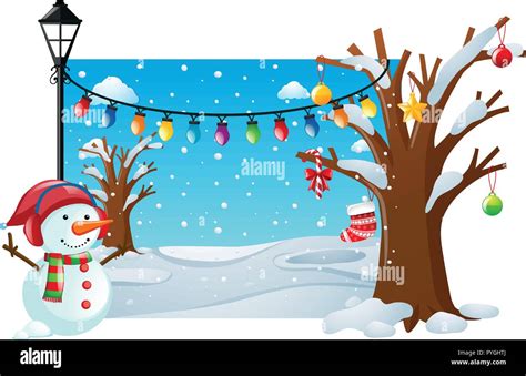 Winter scene with snowman and lights illustration Stock Vector Image & Art - Alamy