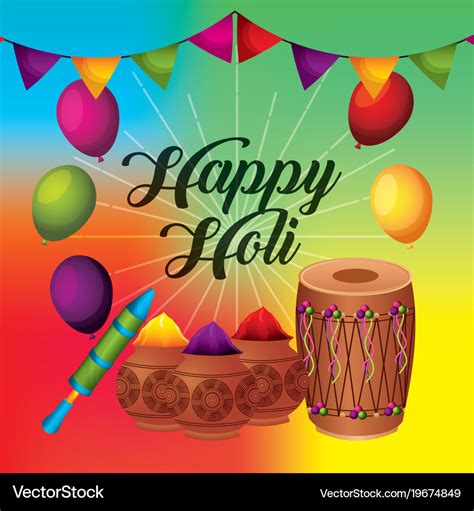 Happy holi greeting card with balloons pennant Vector Image