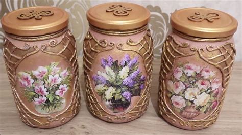 # 4 DIY decor | Recycled glass jars|Decoupage of Kitchen Cans | Diy jar crafts, Mason jar crafts ...