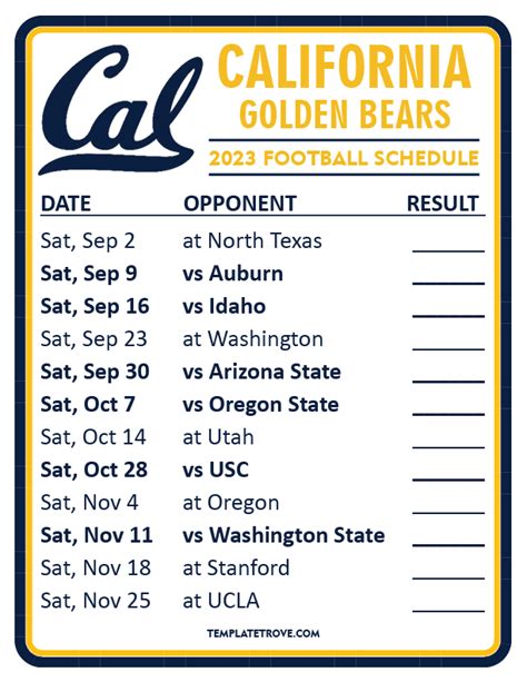 Printable 2023 California Golden Bears Football Schedule