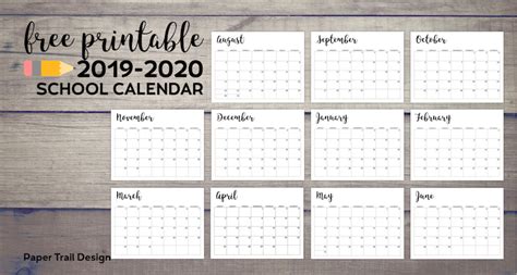 2019-2020 Printable School Calendar - Paper Trail Design