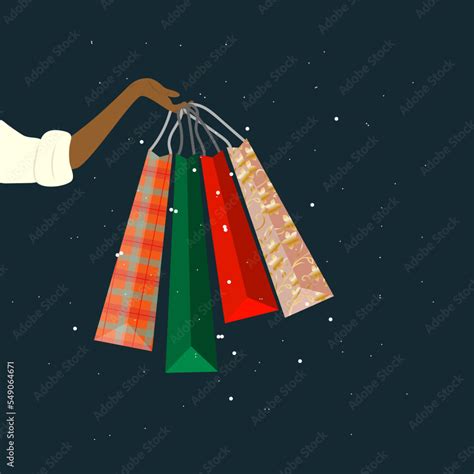 Woman’s hand holding colourful shopping bags. Cartoon winter vector ...