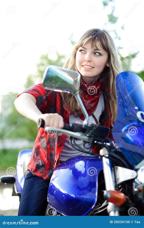 Teenager Girl Drive Blue Motorcycle Stock Photo - Image: 20534130