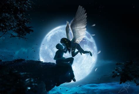 Moonlit Kiss: A Fantasy HD Wallpaper of Love and Angels