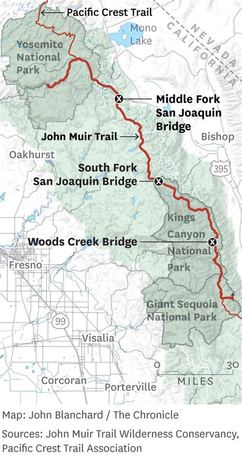 Map shows where John Muir Trail is impassable due to damaged bridges