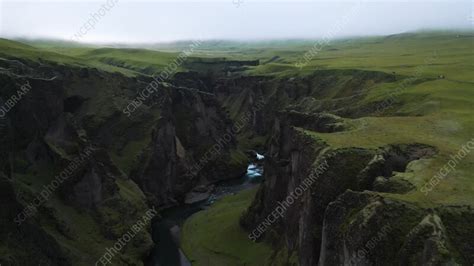 Aerial view of Fjadrargljufur canyon with waterfall, Iceland - Stock ...