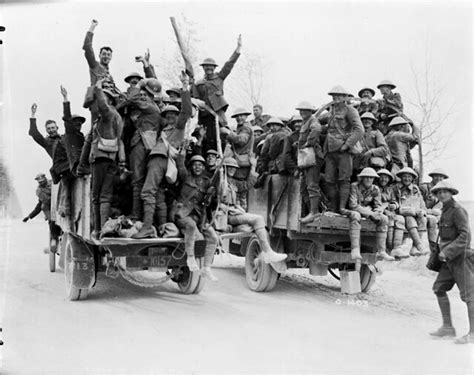 Jubilant Canadian soldiers return to their billets after the Battle of Vimy Ridge, May 1917 ...