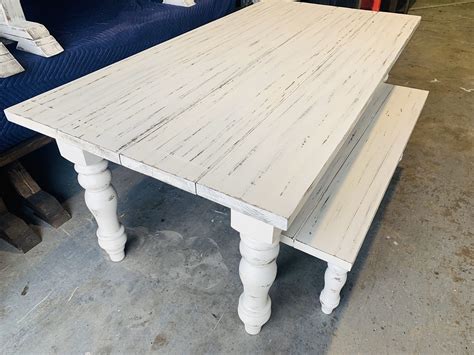 7ft Rustic Farmhouse Table and Bench with Turned Legs, White Distressed Top and Base, Wooden ...