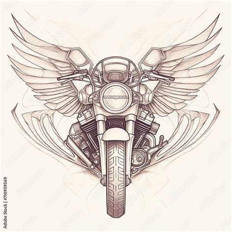 Motorcycle with wings, unusual illustration, black and white drawing ...