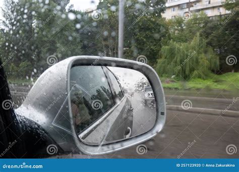 Bad Weather, Rainy Day, Rain Drops on Car Side Mirror Stock Photo ...