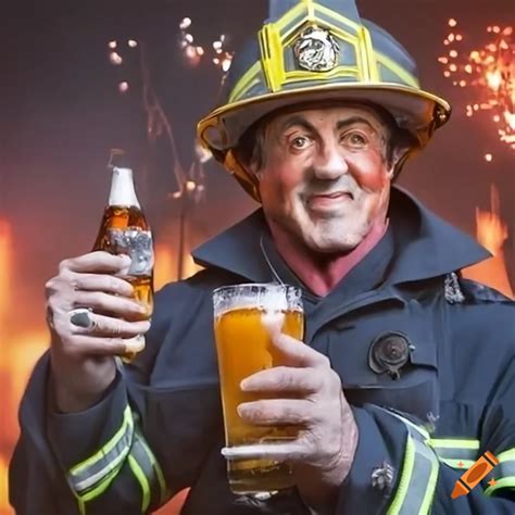 Smiling sylvester stallone in fireman's uniform with fireworks and fire ...