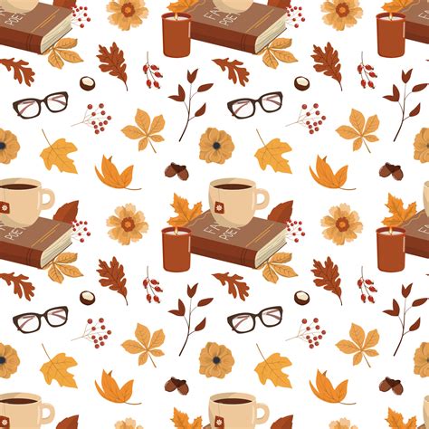 Cozy autumn seamless background. Hot drink, book, glasses, flowers,and ...