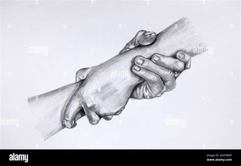 Drawing giving a helping hand. Sketch of two hands holding each other Stock Photo - Alamy