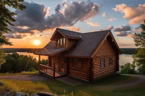 Premium AI Image | Log cabin house with view of lake and sunsets