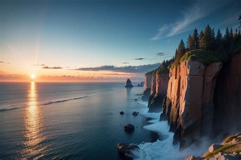 Premium AI Image | A sunset over the ocean with a cliff face and the ...