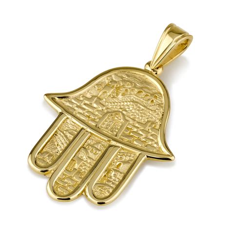 Buy 14K Gold Hamsa Necklace with Scenes from Jerusalem Engraved | Israel-Catalog.com