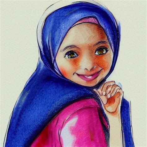 hijab, smiling young girl, school, Water Color, Pencil Sketch - Arthub.ai