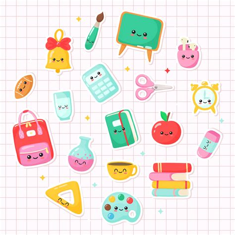 set of kawaii cartoon school supplies. back to school on white background. vector Illustration ...