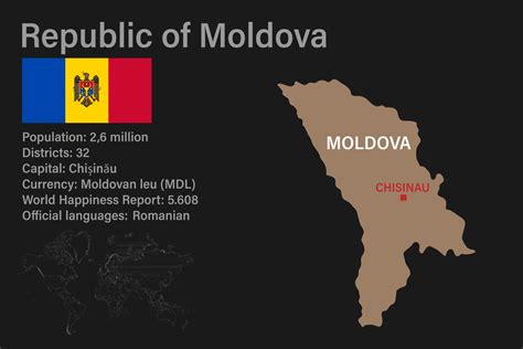 Highly detailed Moldova map with flag, capital and small map of the ...