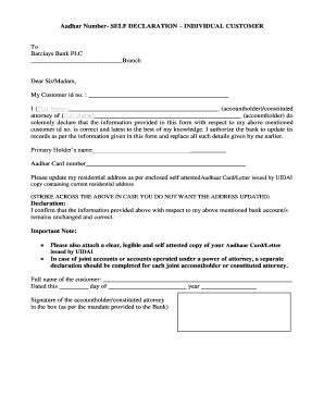 Aadhaar Self Declaration Form Pdf - Fill Online, Printable, Fillable, Blank | pdfFiller