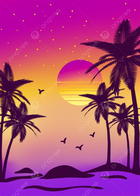 Gradient Color Starry Sky Summer Beach Coconut Tree Sunset Background ...
