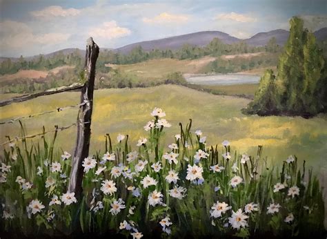 Pretty Country Landscape Oil Painting With Daisies - Etsy