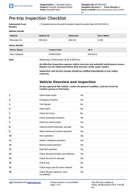 Truck Driver Pre Trip Inspection Checklist Template