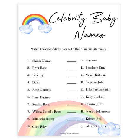 Match The Celebrity Baby Names - Rainbow Printable Baby Games ...