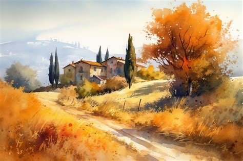 Premium AI Image | A painting of a country road with trees in autumn.