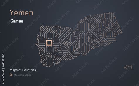 Yemen Map with a capital of Sanaa Shown in a Microchip Pattern with ...