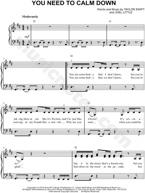 Taylor Swift "You Need to Calm Down" Sheet Music (Easy Piano) in D Major - Download & Print ...