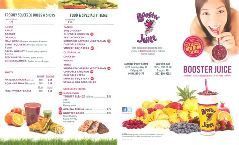 Menu at Booster Juice pub & bar, Calgary, Sunridge Way NE Unit 110