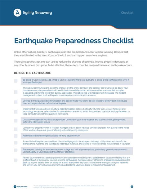 Agility Recovery Earthquake Preparedness Checklist | PDF | Disaster And ...