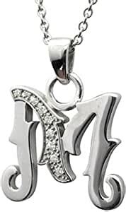 Men's Sterling Silver Alphabet Initial Letter M White Diamond Pendant Necklace (0.06 Carat ...